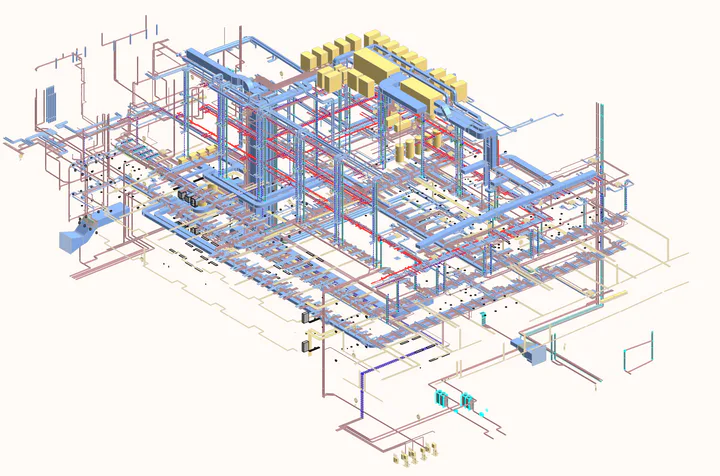 Technisch Revit-installatiemodel van een utiliteitsgebouw
